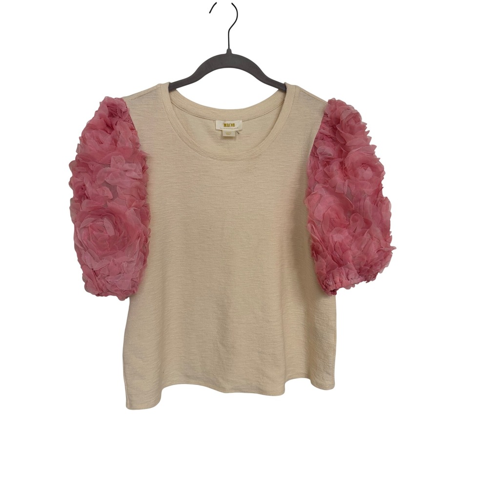 Maeve Anthropologie Pink Floral 3D Rosette Puff Sleeve Knit Top Cream Large